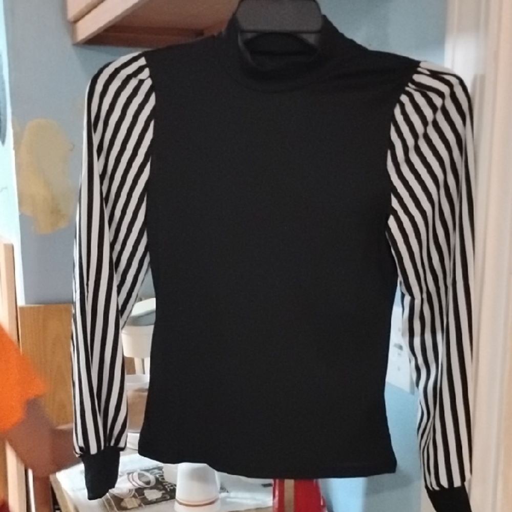 Elegant Black Top with Striped Sleeves